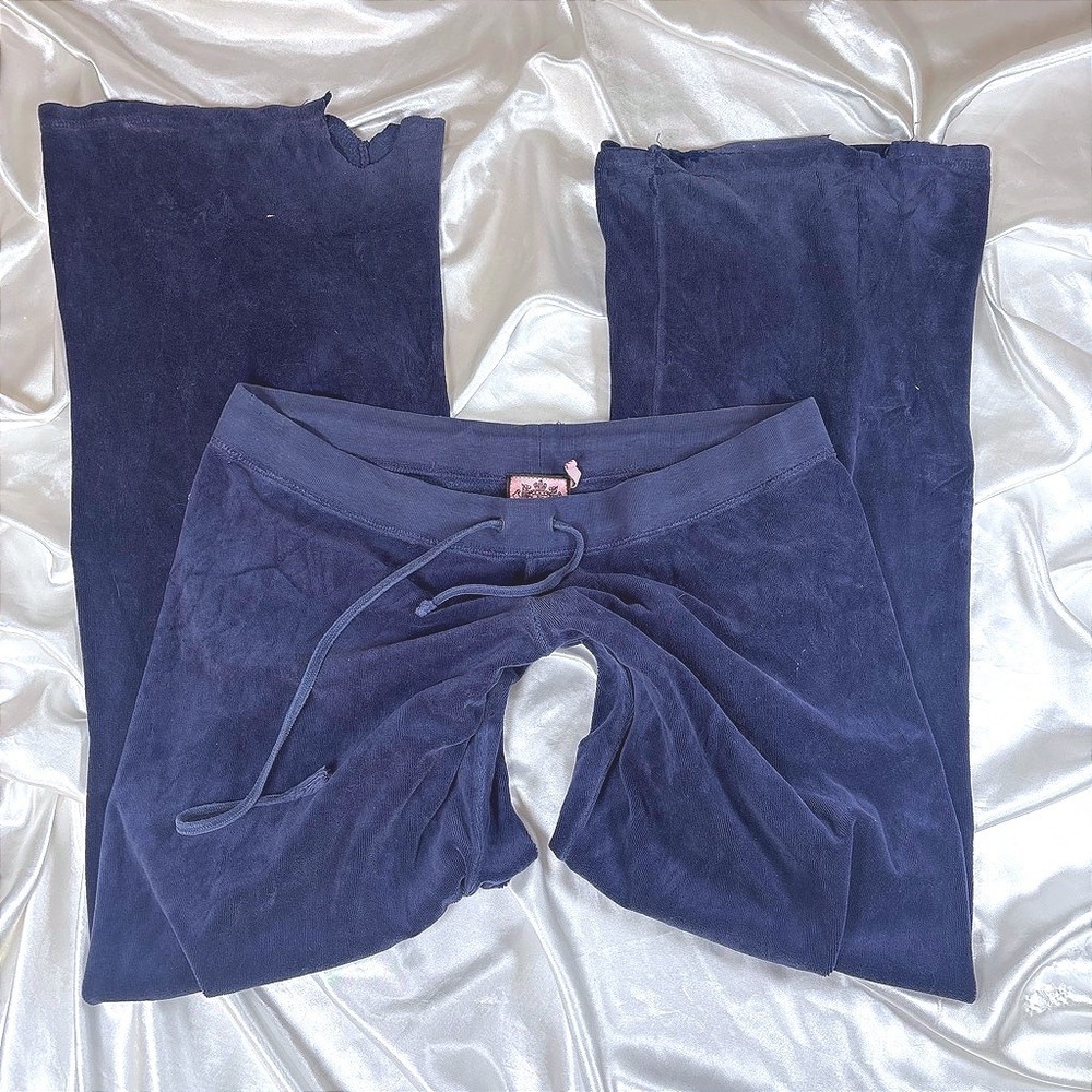 y2k Juicy Couture Pants Navy Blue Good Velour Flare Leg Low Rise Tracksuit